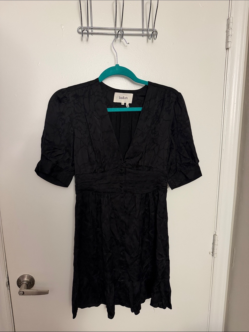ba&sh Black V-Neck Short Puff Sleeve Empire-Waist Dress
